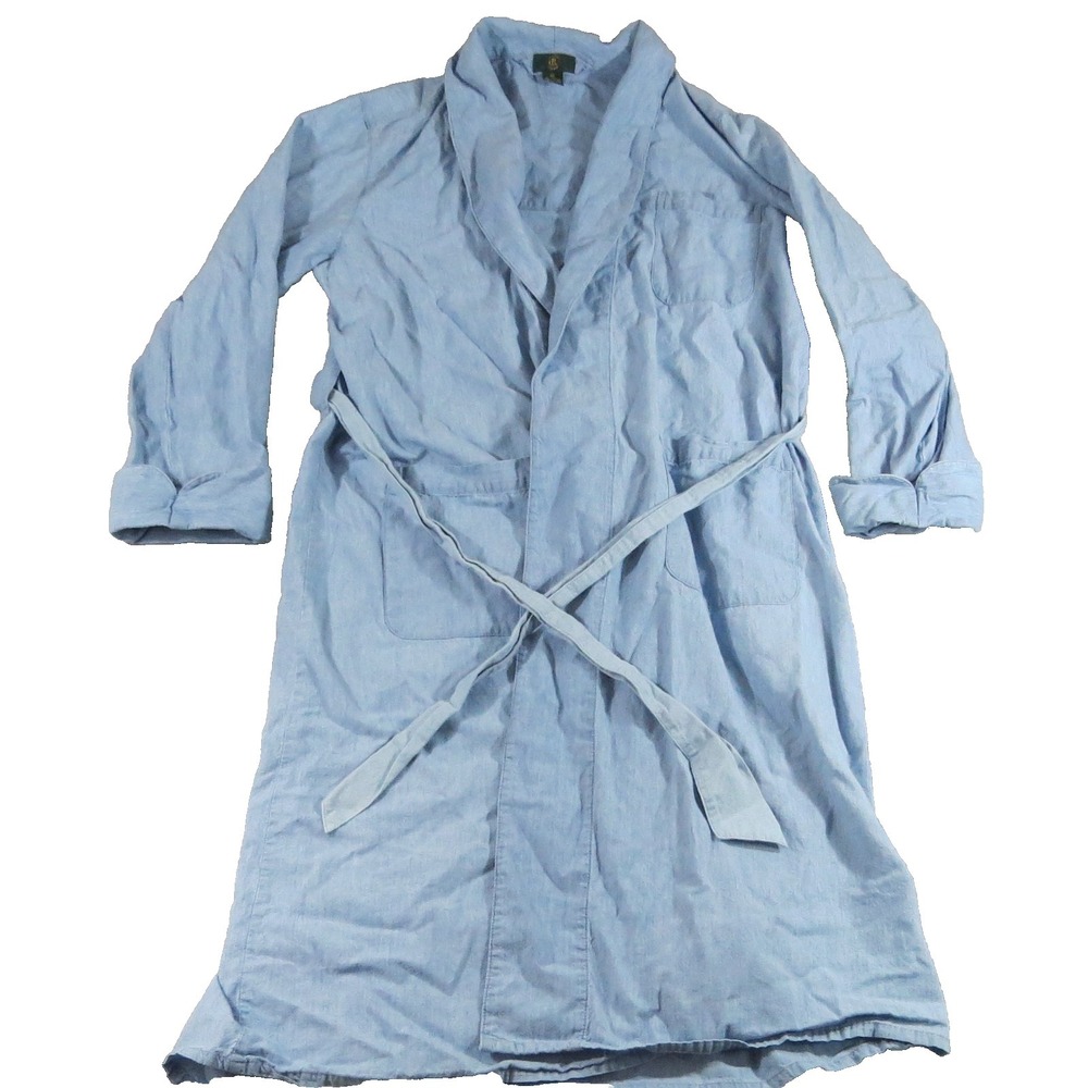 VTG 90s Club Room Robe Men M Blue Cotton Chambray Long Sleeve Bathrobe Lounge - Picture 1 of 14